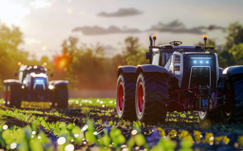 Traktor modern yang dilengkapi lampu bekerja di ladang saat senja
