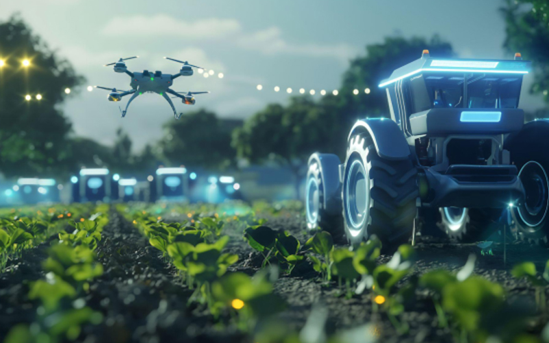 Gambar yang dihasilkan AI dari ladang pertanian modern yang memanfaatkan teknologi IoT dan AI, menampilkan drone dan mesin otomatis.