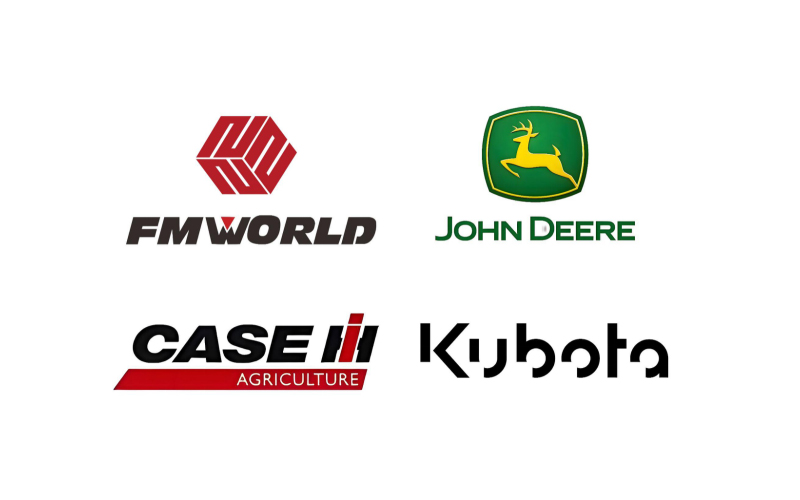  Koleksi logo produsen mesin pertanian antara lain FMWorld, John Deere, Case IH, dan Kubota.